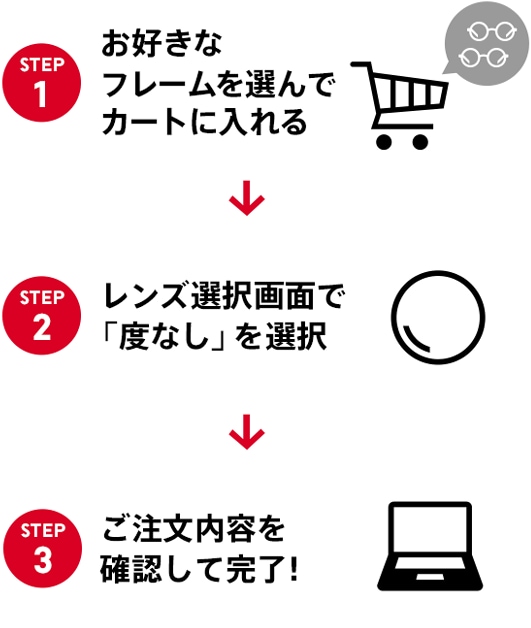 お好きなフレームを選んでカートに入れる→レンズ選択画面で「度なし」を選択→ご注文内容を確認して完了!