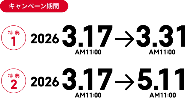 キャンペーン期間。特典1:2026.3.17AM11:00~3.31AM11:00。特典2:2026.3.17AM11:00~5.11AM11:00まで。