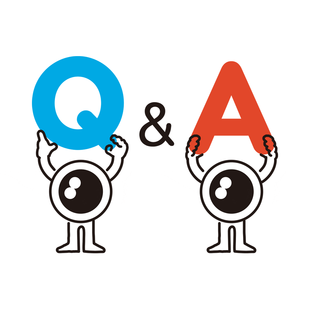 JINSコンタクトのイメージキャラクター。Q&Aを示している。