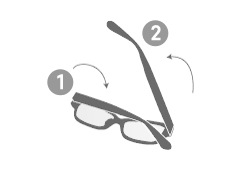 サングラスは、(1)左側のテンプルから畳むのが正式な畳み方です。(2)右側からだと、正しく畳むことができないため、バランスが悪く、倒れた時にレンズが傷つくこともありますので、お気をつけください。