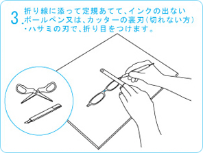 折り紙に添って定規あてて、インクの出ないボールペン又は、カッターの裏刃（切れない方）・ハサミの刃で、切り目を付けます。