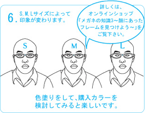 S、M、Lサイズによって印象が変わります。色塗りをして、購入カラーを検討してみると楽しいです。詳しくは、オンラインショップ「メガネの知識３～顔に合ったフレームを見つけよう～」をご覧ください。