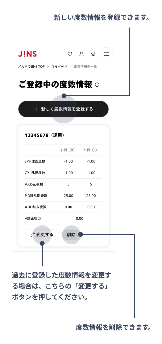 ご登録いただいた度数情報の確認や新しい情報への変更ができます