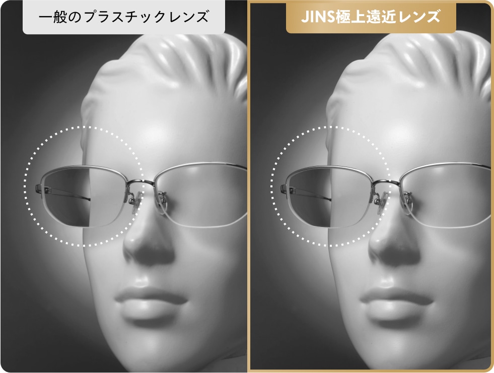 一般のプラスチックレンズ、JINS極上遠近レンズ
