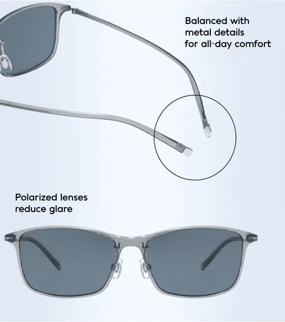 メタルパーツで前後のバランスを整え、かけ心地よく ギラつきを抑える偏光レンズ
