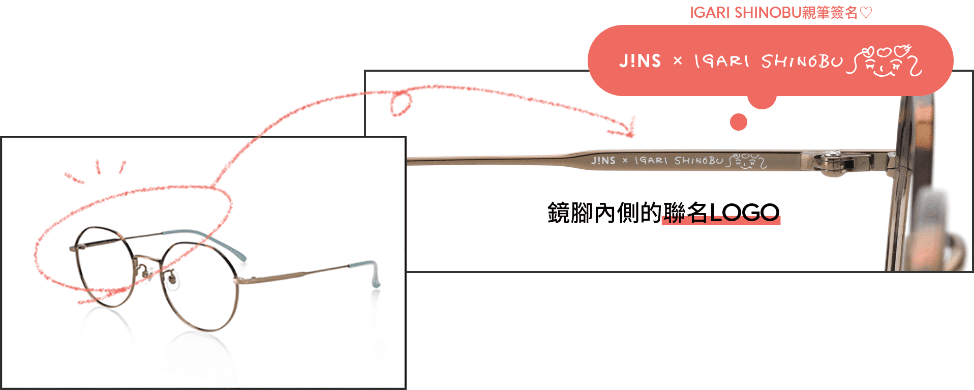 テンプルの裏側にはコラボロゴマークを印字！（※全商品共通）